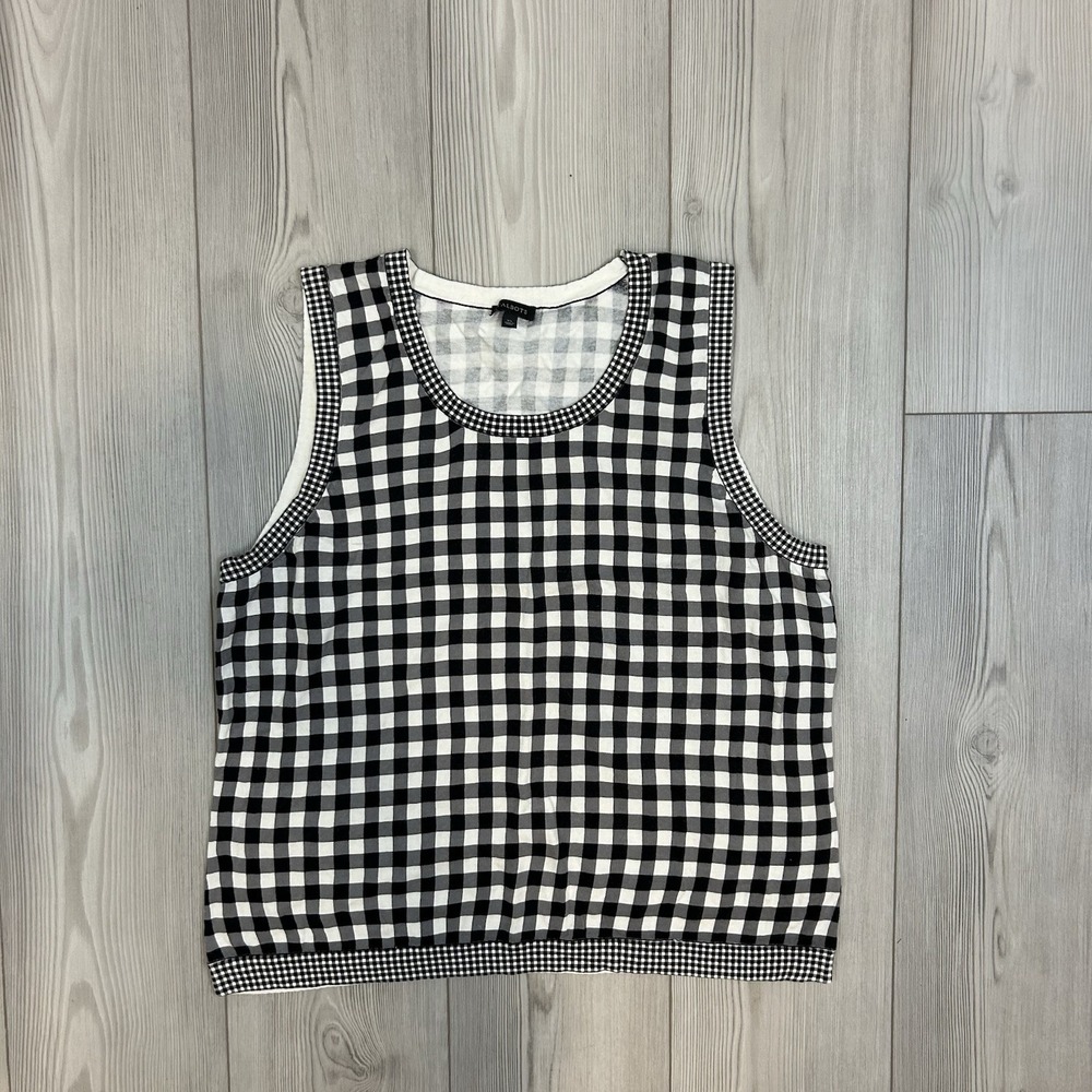 Talbots Sweater Tank Top Size XL Black White Gingham Check Knit Sleeveless Crew